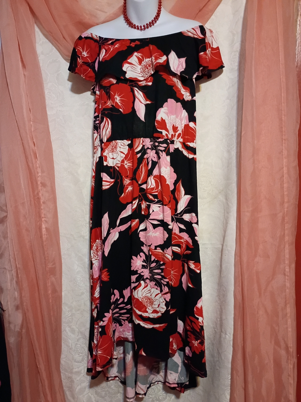Christian Siriano Black Off-Shoulder Midi Dress with Red and Pink Floral Print